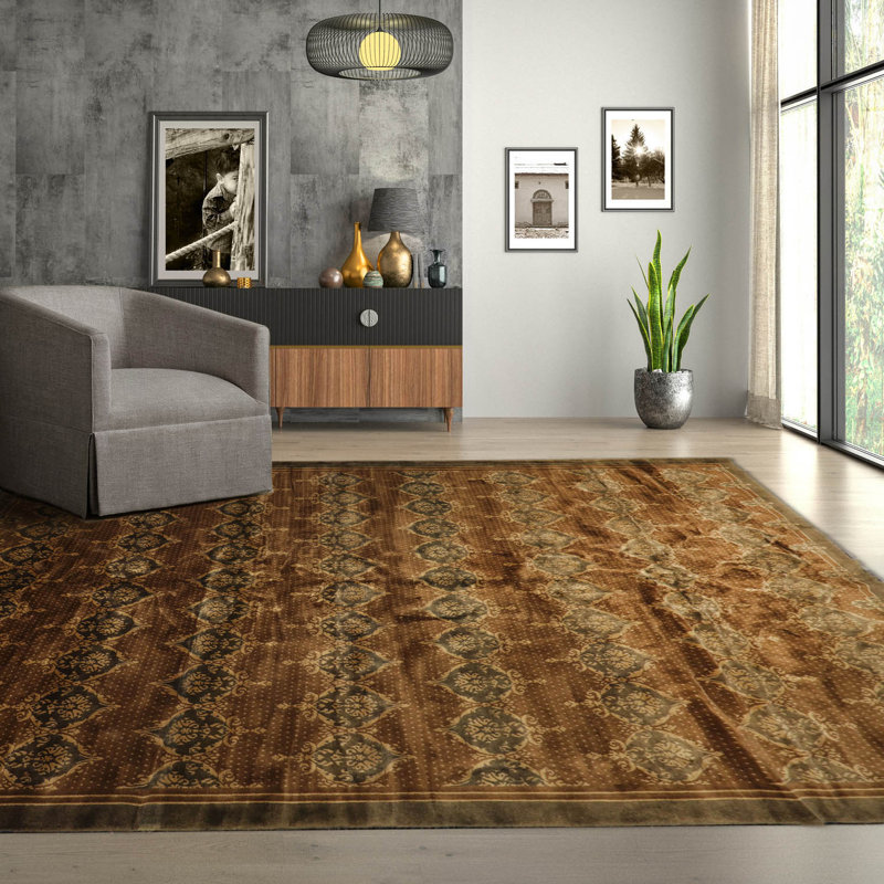 Hand-Knotted Brown and Olive Wool Oriental 10' x 14' Area Rug
