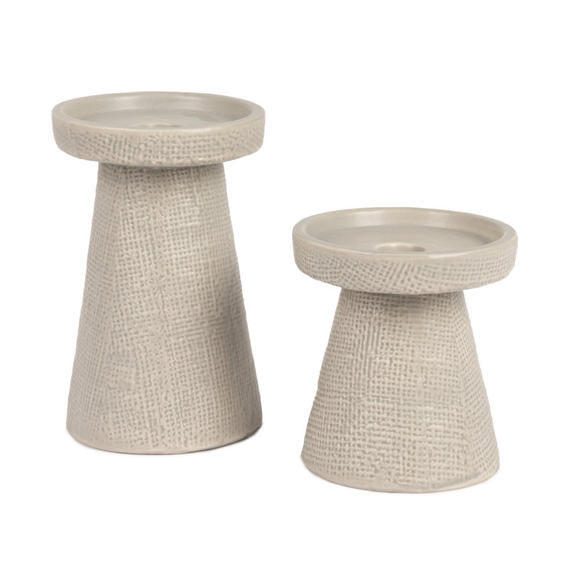 Gray Ceramic Textured Tabletop Candlestick Set