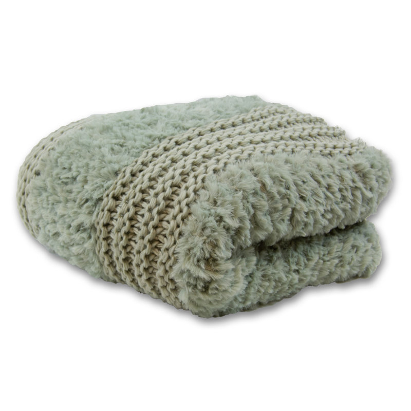 Sage Faux Fur Knitted Reversible Throw Blanket