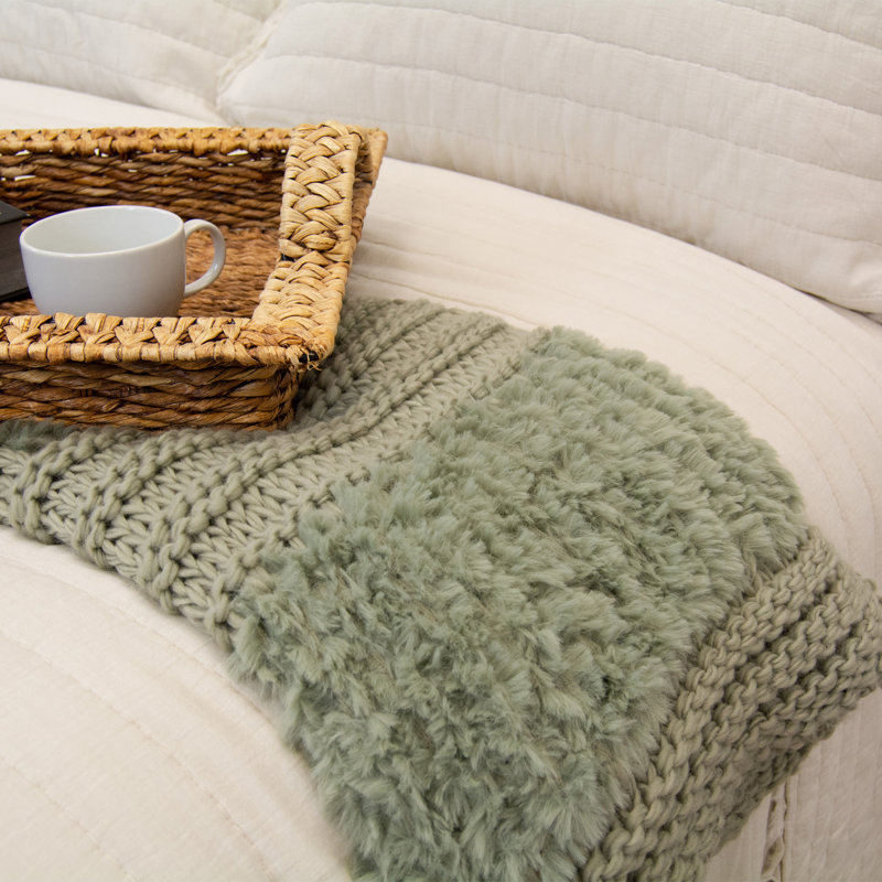 Sage Faux Fur Knitted Reversible Throw Blanket