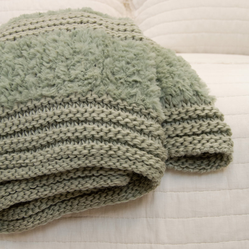 Sage Faux Fur Knitted Reversible Throw Blanket