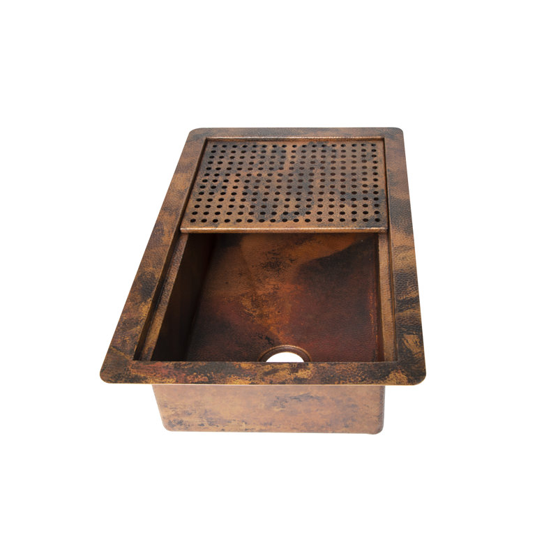 33" Hammered Copper Rectangular Drop-In Single Bowl Kitchen Sink with Removable Grill