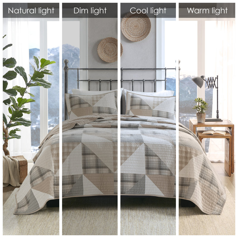 Cabin Charm Tan Full/Queen Cotton Quilt Set with Geometric Patterns