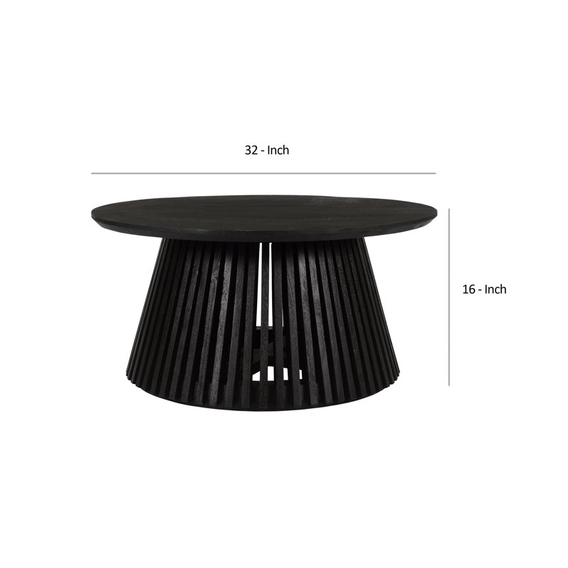 Jet Black Round Solid Wood Coffee Table with Slatted Base