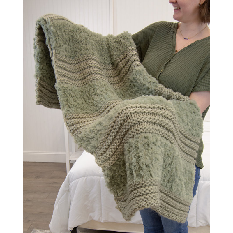 Sage Faux Fur Knitted Reversible Throw Blanket