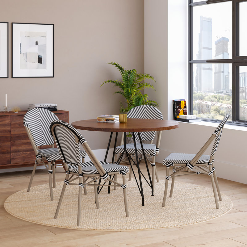 Black and White Armless French Bistro Stacking Chair with Metal Frame