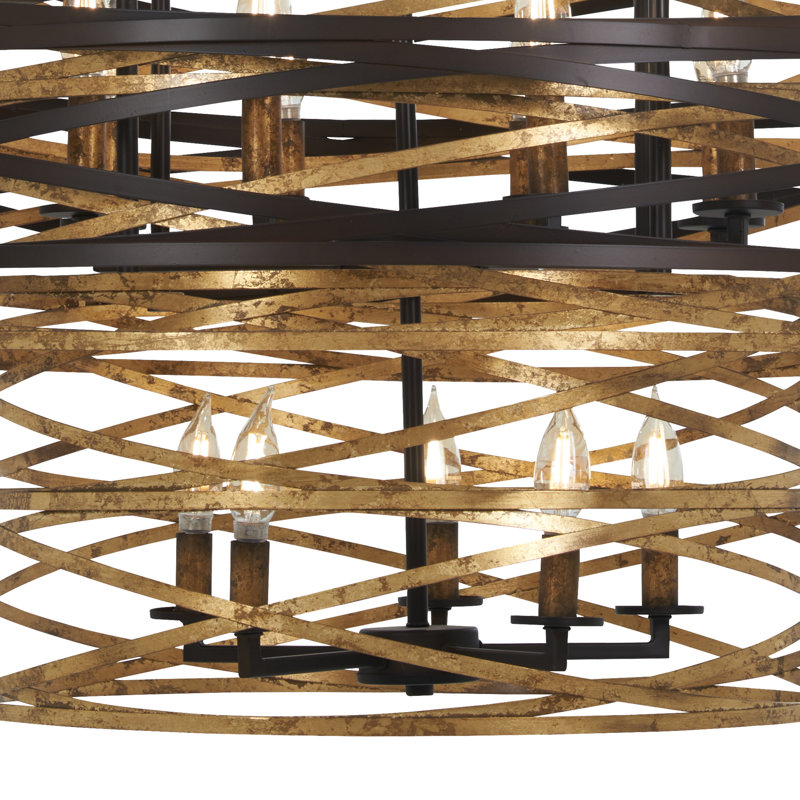 Elegant Dark Bronze and Mosaic Gold Drum Chandelier with 18 Lights