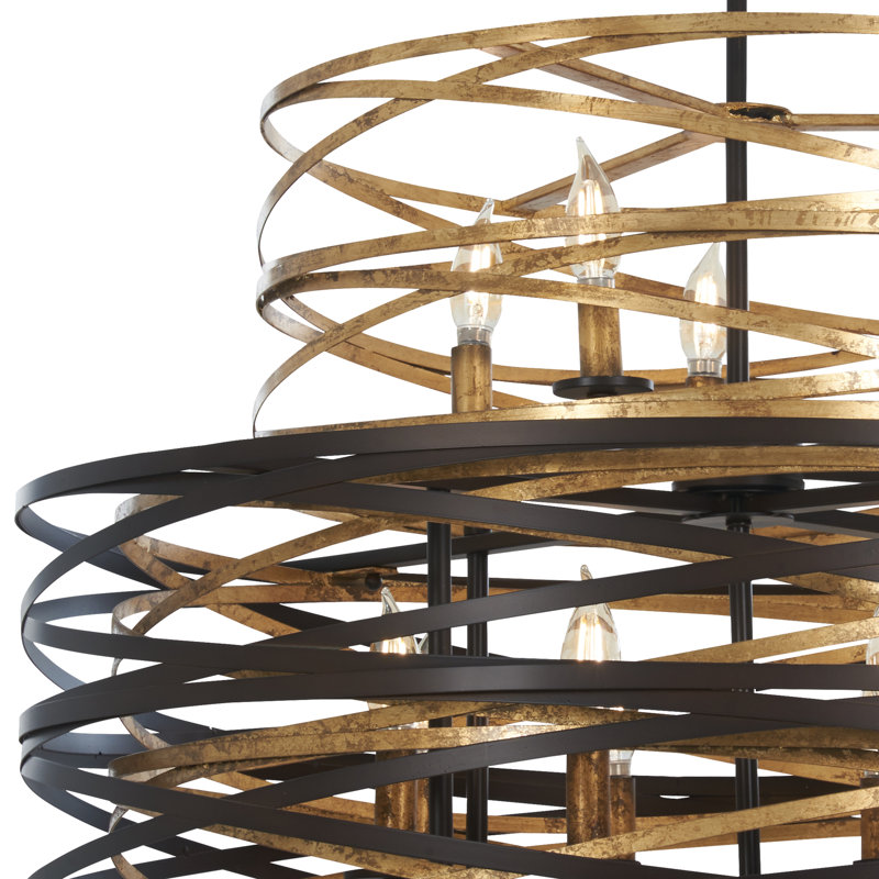 Elegant Dark Bronze and Mosaic Gold Drum Chandelier with 18 Lights