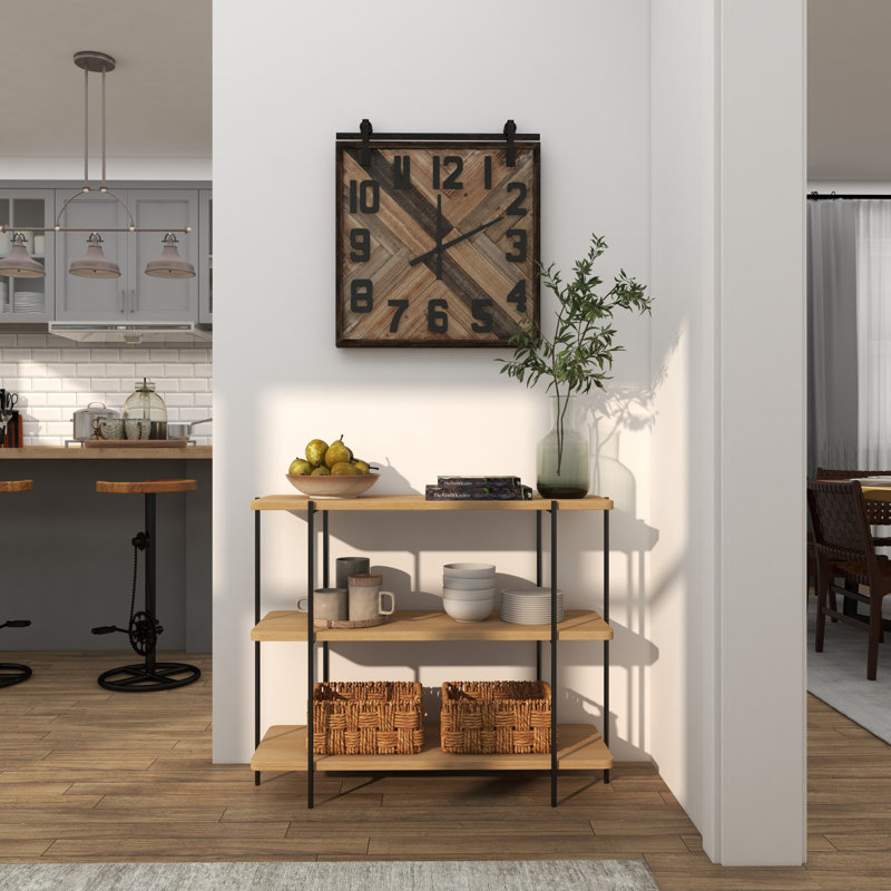 Beige Wood and Black Metal 2-Shelf Console Table