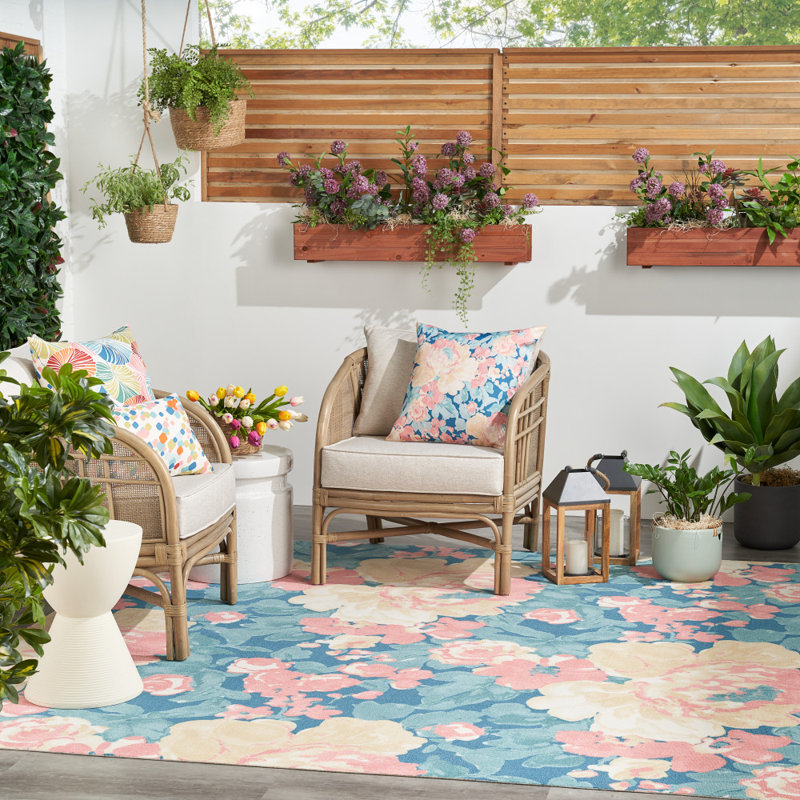 Botanical Bliss Blue Floral Synthetic 7'9" x 10'10" Outdoor Rug