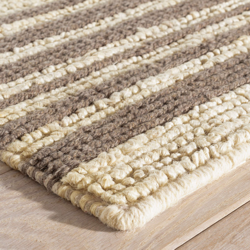 Gray and Beige Handwoven Wool Stripe Rug, 10' x 14'