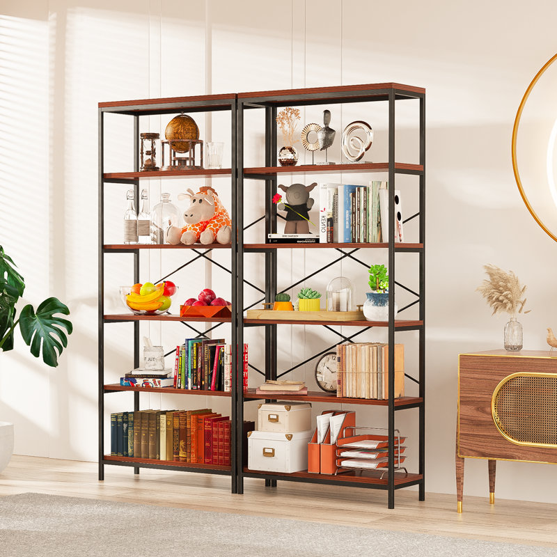 Black and Brown 6-Tier Iron and Wood Bookcase Set