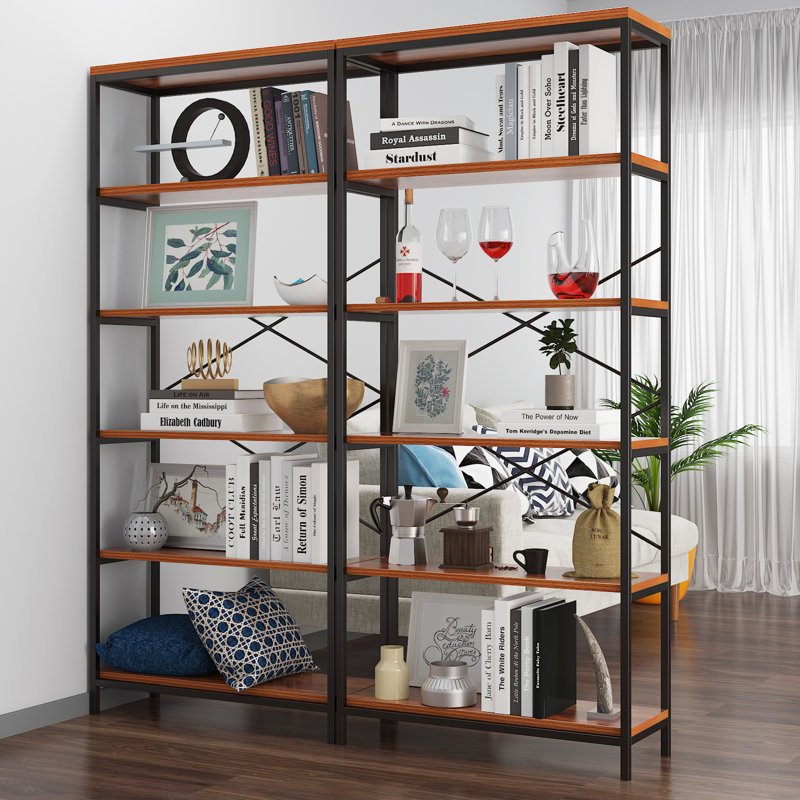 Black and Brown 6-Tier Iron and Wood Bookcase Set