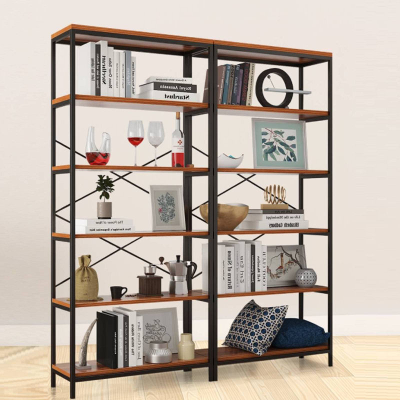 Black and Brown 6-Tier Iron and Wood Bookcase Set