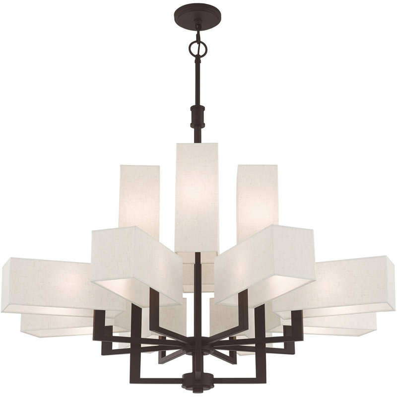 Bronze 12-Light Chandelier with Oatmeal Fabric Shades