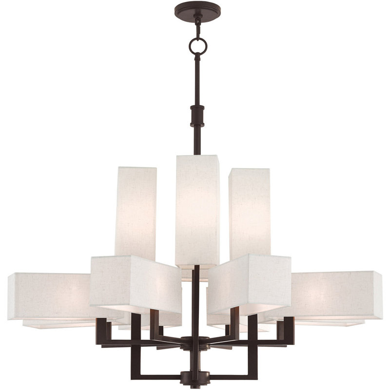 Bronze 12-Light Chandelier with Oatmeal Fabric Shades