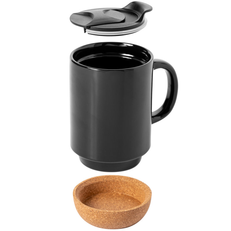 Black Ceramic Mugs with Cork Bottom and Lid, Set of 2