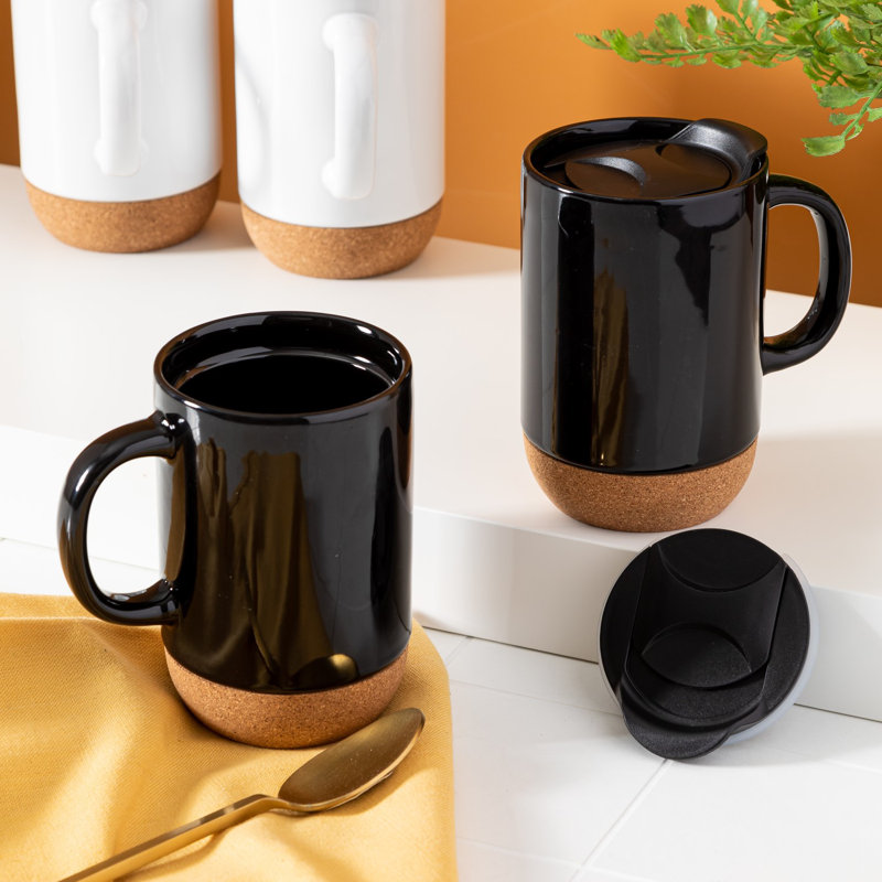 Black Ceramic Mugs with Cork Bottom and Lid, Set of 2