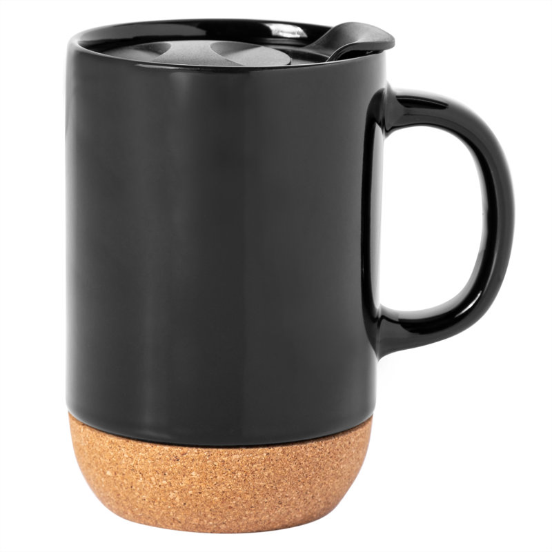 Black Ceramic Mugs with Cork Bottom and Lid, Set of 2