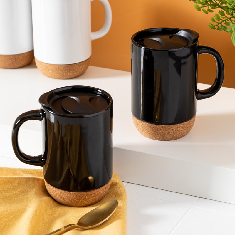 Black Ceramic Mugs with Cork Bottom and Lid, Set of 2