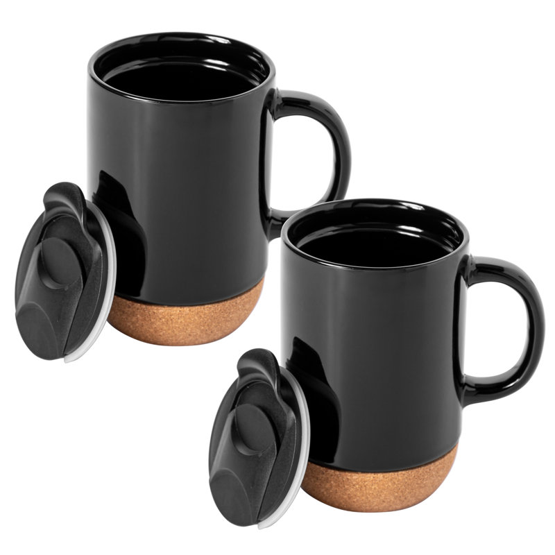 Black Ceramic Mugs with Cork Bottom and Lid, Set of 2