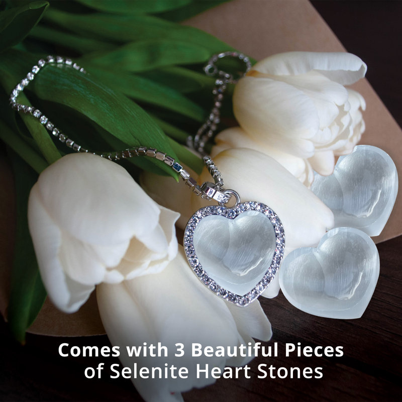 Selenite Heart-Shaped Healing Stones, 3-Pack, White Crystal