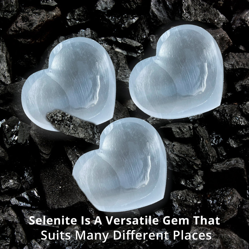 Selenite Heart-Shaped Healing Stones, 3-Pack, White Crystal