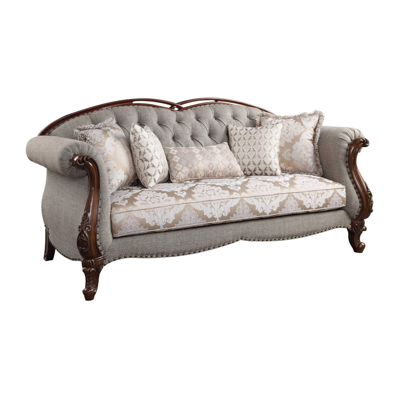 Cherry Finish 90'' Tufted Fabric Sofa with Nailhead Detail
