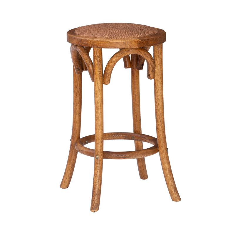 Walnut Brown Elm Wood & Rattan 24" Backless Counter Stool