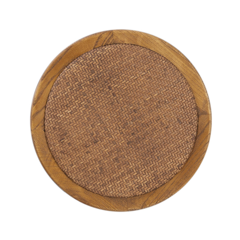 Walnut Brown Elm Wood & Rattan 24" Backless Counter Stool