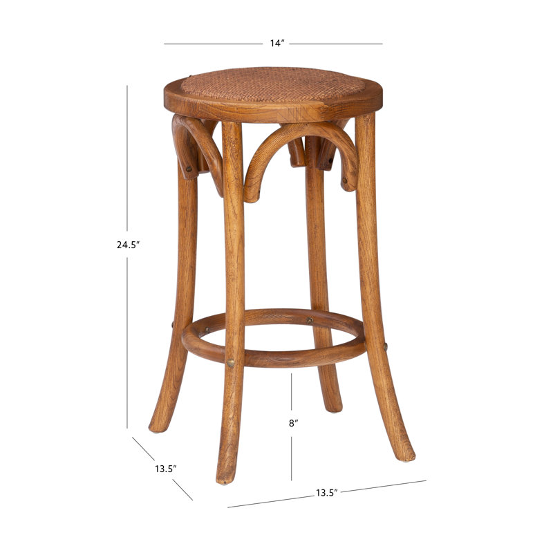 Walnut Brown Elm Wood & Rattan 24" Backless Counter Stool