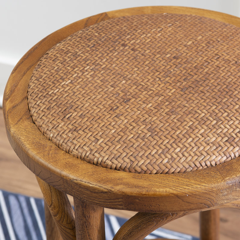 Walnut Brown Elm Wood & Rattan 24" Backless Counter Stool