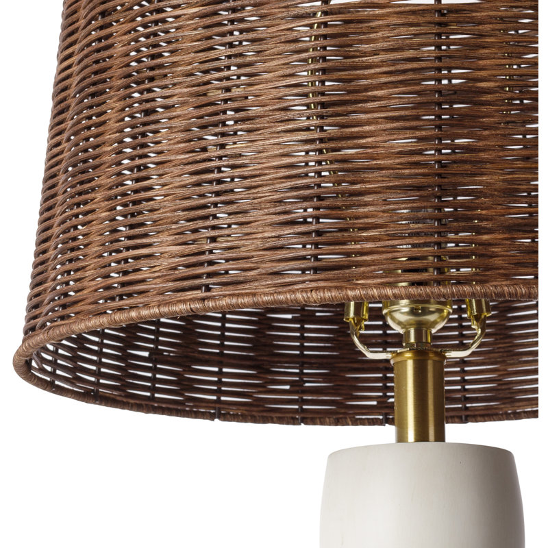 White Resin Table Lamp with Brown Rattan Shade