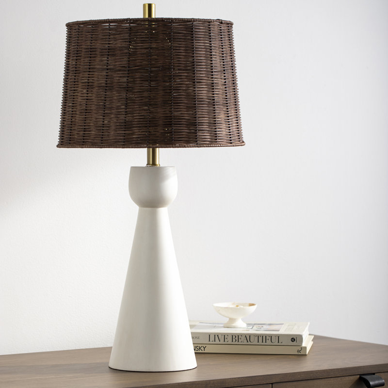 White Resin Table Lamp with Brown Rattan Shade