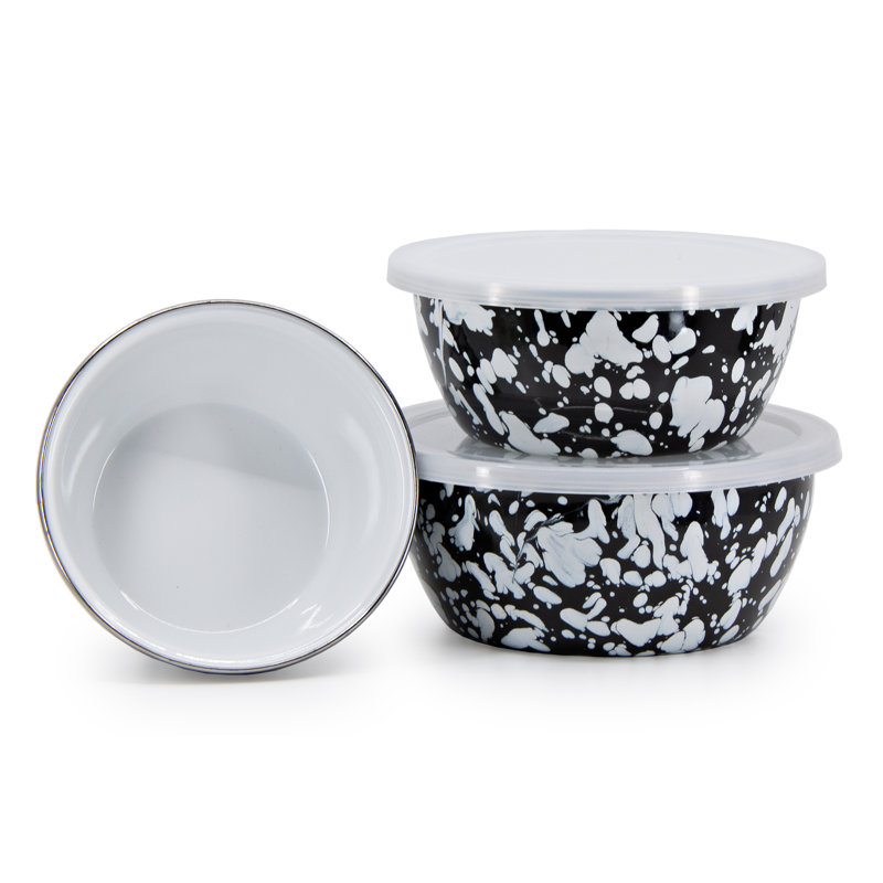Black and White Ceramic Nesting Bowls with Lids, Set of 3