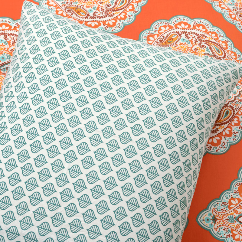Tangerine and Blue Cotton Reversible Damask Duvet Cover Set