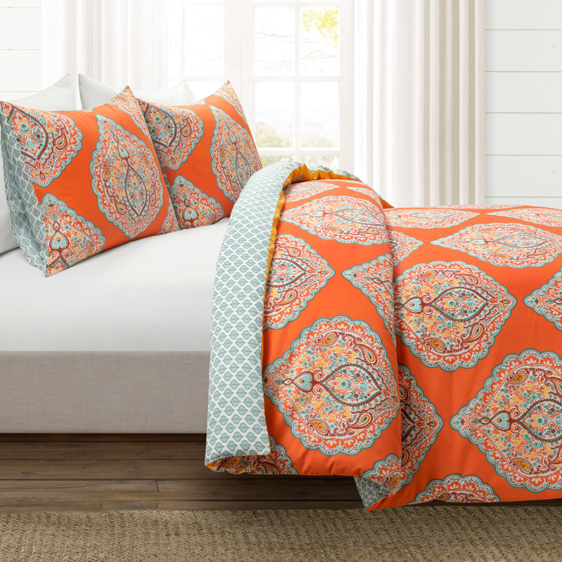 Tangerine and Blue Cotton Reversible Damask Duvet Cover Set