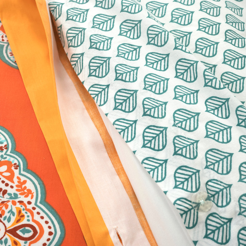 Tangerine and Blue Cotton Reversible Damask Duvet Cover Set