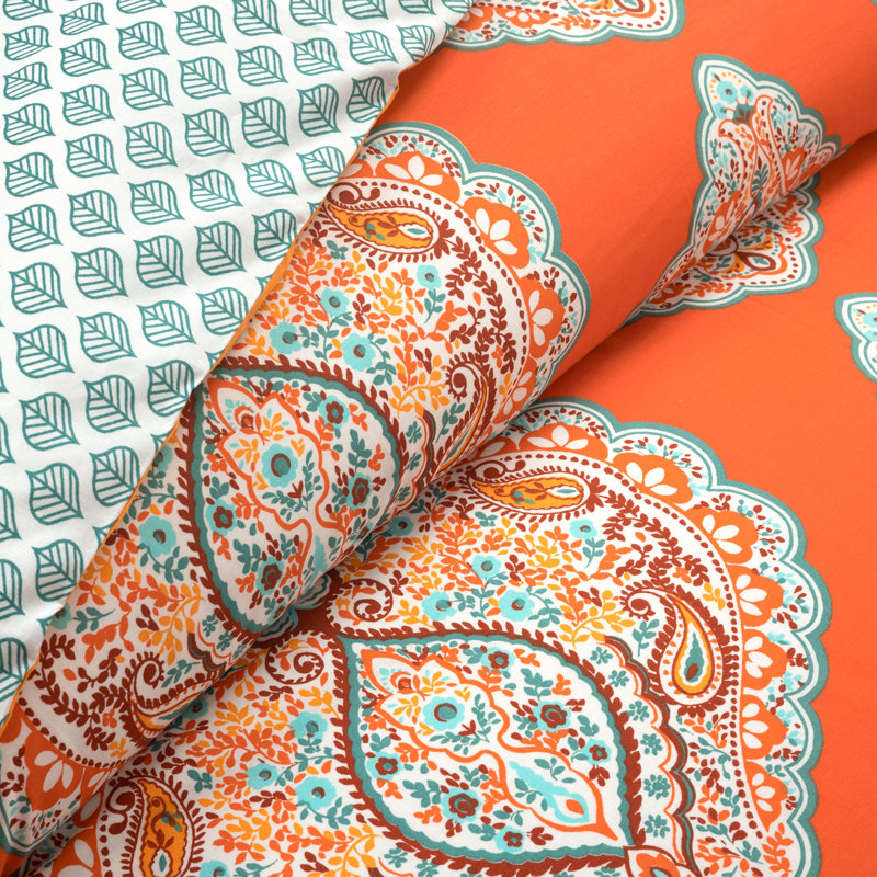 Tangerine and Blue Cotton Reversible Damask Duvet Cover Set