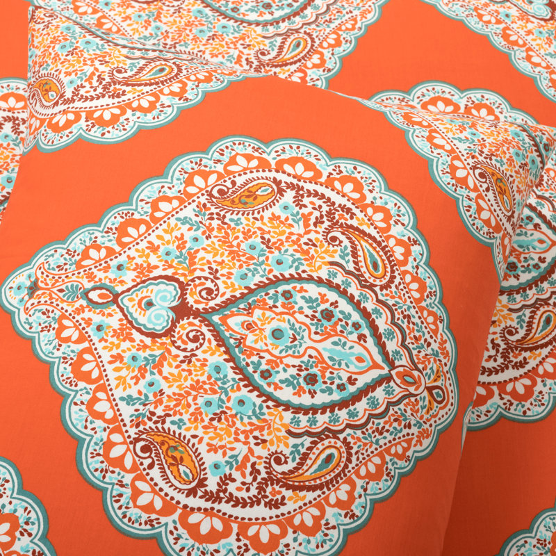 Tangerine and Blue Cotton Reversible Damask Duvet Cover Set