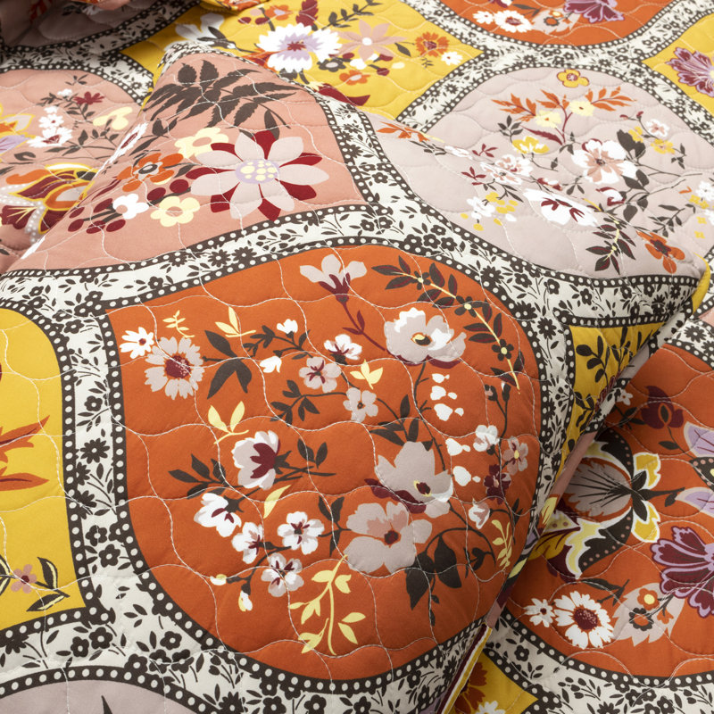 Bohemian Flower Reversible Cotton Full Quilt Set in Tangerine and Lilac