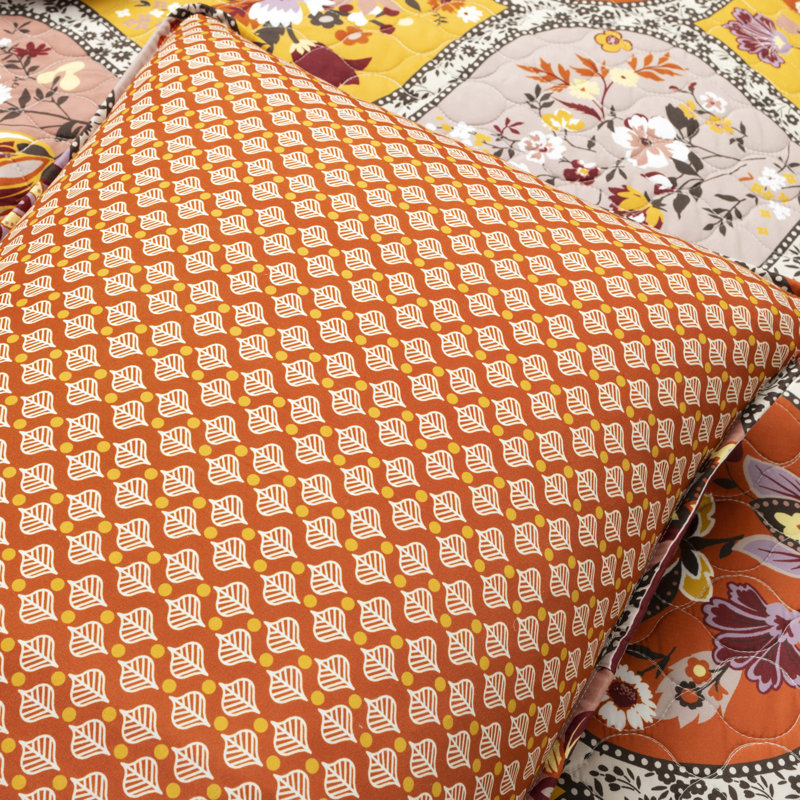 Bohemian Flower Reversible Cotton Full Quilt Set in Tangerine and Lilac