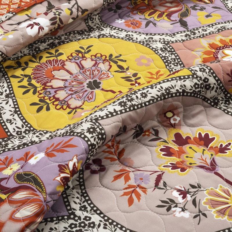 Bohemian Flower Reversible Cotton Full Quilt Set in Tangerine and Lilac