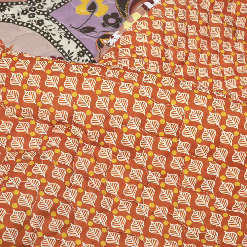 Bohemian Flower Reversible Cotton Full Quilt Set in Tangerine and Lilac