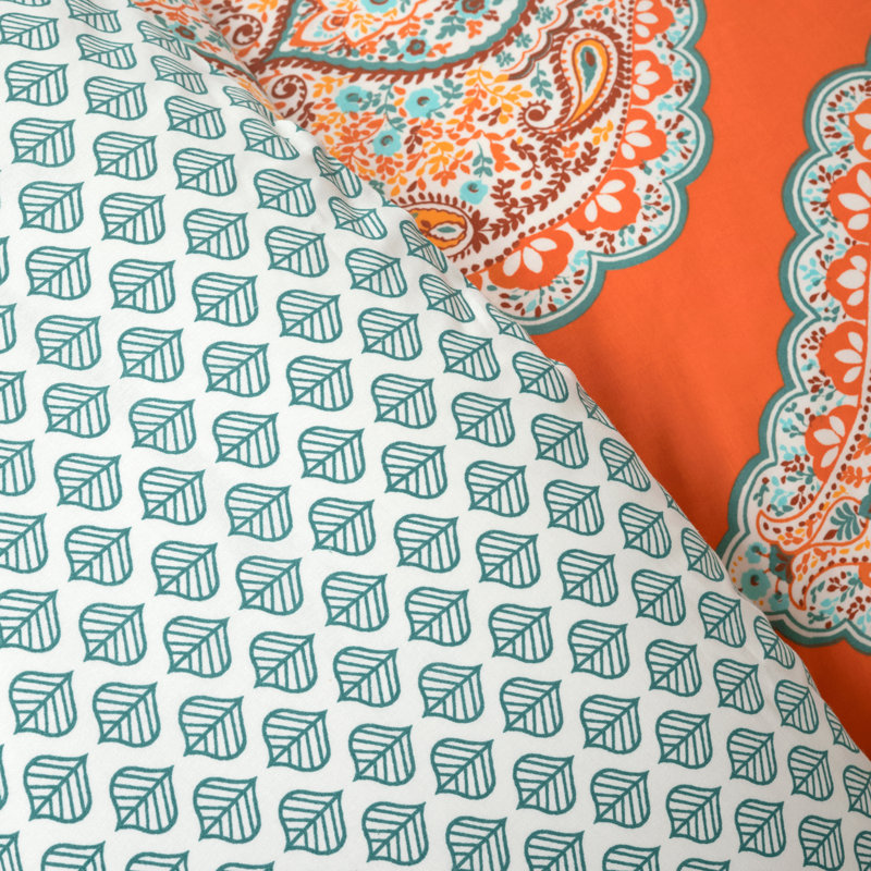 Tangerine and Blue Cotton Reversible Damask Duvet Cover Set