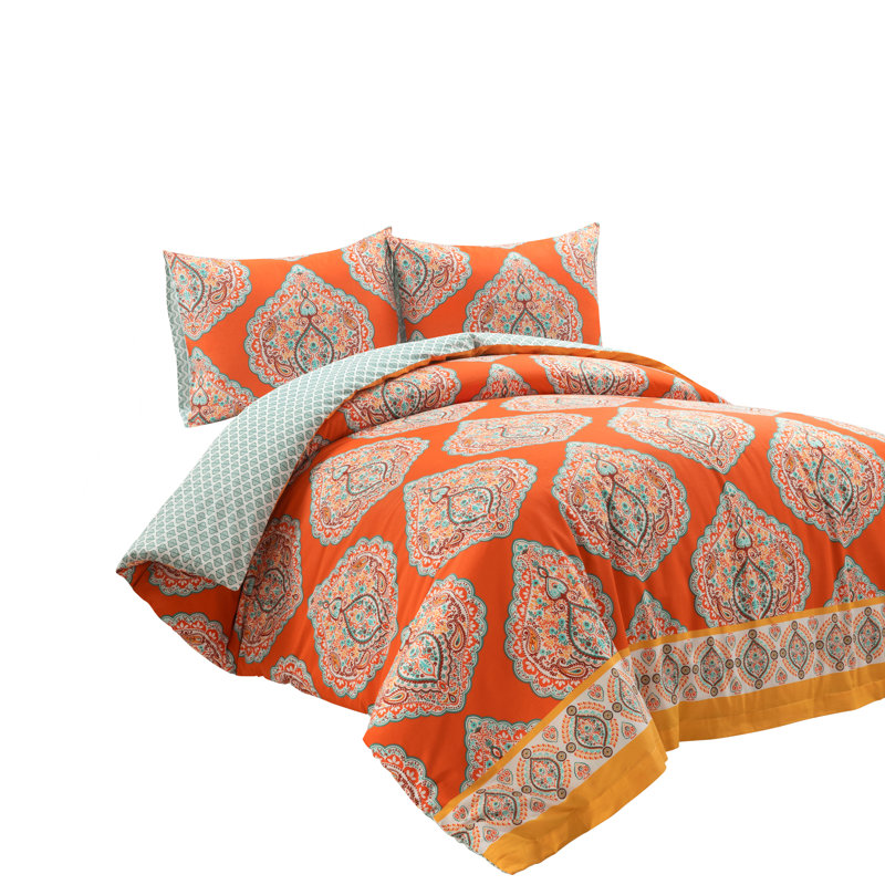 Tangerine and Blue Cotton Reversible Damask Duvet Cover Set