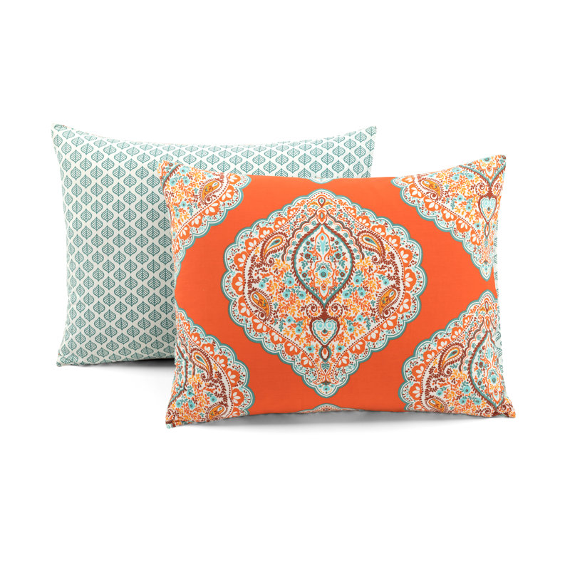 Tangerine and Blue Cotton Reversible Damask Duvet Cover Set
