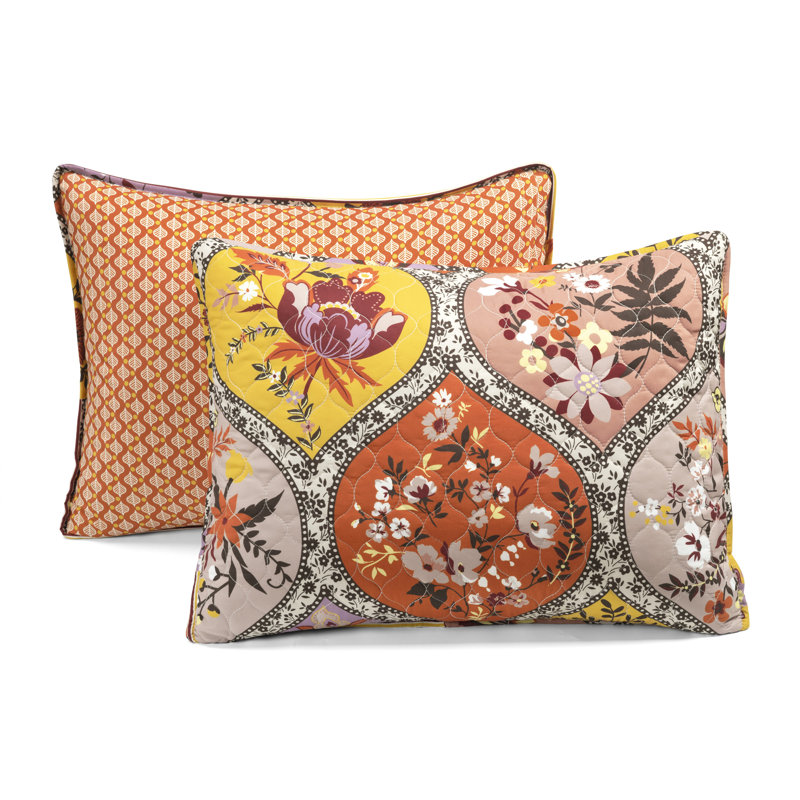 Bohemian Flower Reversible Cotton Full Quilt Set in Tangerine and Lilac