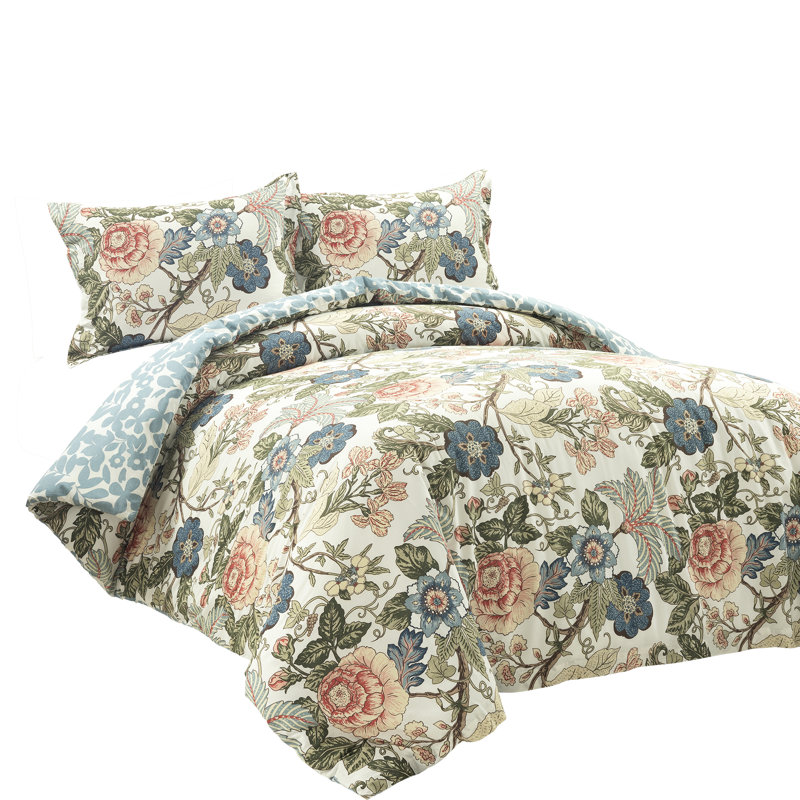 Green and Blue Floral Cotton Reversible Queen Duvet Cover Set