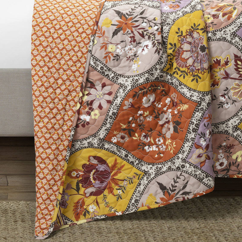 Bohemian Flower Reversible Cotton Full Quilt Set in Tangerine and Lilac